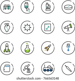 line vector icon set - vial vector, drop counter, lab, pill, heart, virus, x ray, telescope, rocket, round flask, laser, micro flash card, satellite, moon rover, forceps