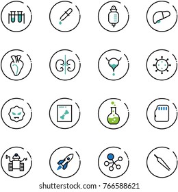 line vector icon set - vial vector, pipette, drop counter, liver, heart, kidneys, bladder, virus, x ray, round flask, micro flash card, robot, rocket, molecule, forceps