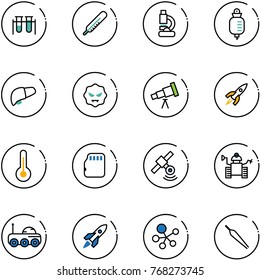 line vector icon set - vial vector, thermometer, lab, drop counter, liver, virus, telescope, rocket, micro flash card, satellite, robot, moon rover, molecule, forceps