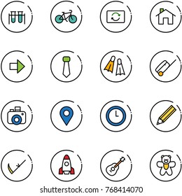 line vector icon set - vial vector, bike, card exchange, home, right arrow, tie, flippers, suitcase, camera, navigation pin, clock, pencil, scythe, rocket, guitar, bear toy