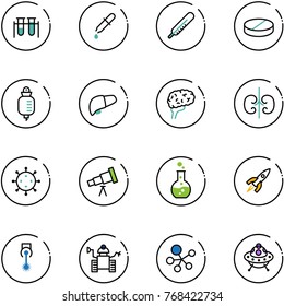 line vector icon set - vial vector, pipette, thermometer, pill, drop counter, liver, brain, kidneys, virus, telescope, round flask, rocket, laser, robot, molecule, ufo toy