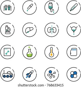 line vector icon set - vial vector, pipette, drop counter, thermometer, lab, liver, kidneys, bladder, x ray, round flask, micro flash card, moon rover, rocket, molecule, atom core