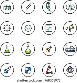 line vector icon set - vial vector, pipette, drop counter, kidneys, virus, x ray, telescope, flask, round, rocket, moon rover, atom core, ufo toy