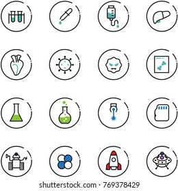 line vector icon set - vial vector, pipette, drop counter, liver, heart, virus, x ray, flask, round, laser, micro flash card, robot, atom core, rocket, ufo toy