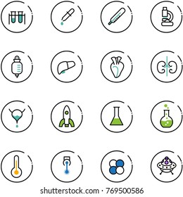 line vector icon set - vial vector, pipette, thermometer, lab, drop counter, liver, heart, kidneys, bladder, rocket, flask, round, laser, atom core, ufo toy