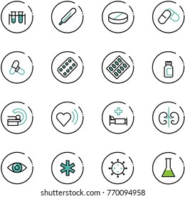 line vector icon set - vial vector, thermometer, pill, pills, blister, bottle, mri, heart beat, hospital bed, kidneys, eye, ambulance star, virus, flask