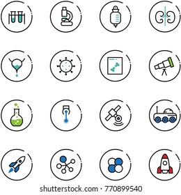 line vector icon set - vial vector, lab, drop counter, kidneys, bladder, virus, x ray, telescope, round flask, laser, satellite, moon rover, rocket, molecule, atom core
