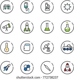 line vector icon set - vial vector, drop counter, lab, virus, telescope, rocket, flask, round, thermometer, micro flash card, satellite, moon rover, atom core, forceps