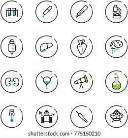 line vector icon set - vial vector, pipette, thermometer, lab, drop counter, liver, heart, brain, kidneys, bladder, telescope, round flask, laser, robot, forceps, ufo toy