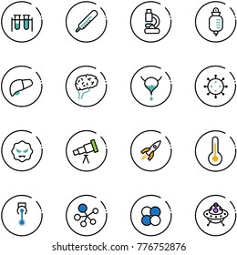 line vector icon set - vial vector, thermometer, lab, drop counter, liver, brain, bladder, virus, telescope, rocket, laser, molecule, atom core, ufo toy