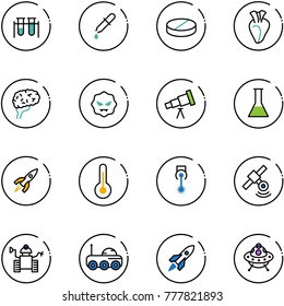 line vector icon set - vial vector, pipette, pill, heart, brain, virus, telescope, flask, rocket, thermometer, laser, satellite, robot, moon rover, ufo toy