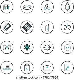 line vector icon set - vial vector, pill, pills, drop counter, blister, lungs, kidneys, ambulance star, virus, pool, pulse clipboard, doctor hat, x ray
