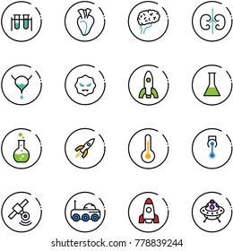 line vector icon set - vial vector, heart, brain, kidneys, bladder, virus, rocket, flask, round, thermometer, laser, satellite, moon rover, ufo toy