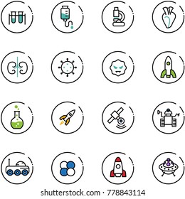 line vector icon set - vial vector, drop counter, lab, heart, kidneys, virus, rocket, round flask, satellite, robot, moon rover, atom core, ufo toy