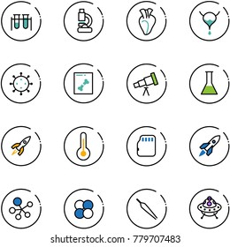 line vector icon set - vial vector, lab, heart, bladder, virus, x ray, telescope, flask, rocket, thermometer, micro flash card, molecule, atom core, forceps, ufo toy