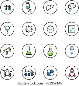 line vector icon set - vial vector, drop counter, liver, brain, bladder, virus, x ray, telescope, flask, round, laser, robot, moon rover, atom core, rocket