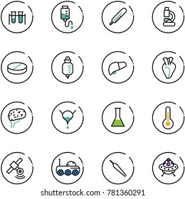line vector icon set - vial vector, drop counter, thermometer, lab, pill, liver, heart, brain, bladder, flask, satellite, moon rover, forceps, ufo toy