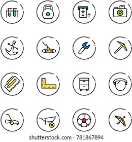 line vector icon set - vial vector, weight, atm, camera, anchor, fishing, wrench, axe, trowel, corner ruler, tool cabinet, protect glass, lawn mower, wheelbarrow, soccer ball, bow