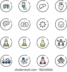 line vector icon set - vial vector, drop counter, liver, heart, brain, kidneys, virus, rocket, flask, round, robot, moon rover, molecule, ufo toy