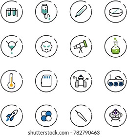 line vector icon set - vial vector, drop counter, thermometer, pill, bladder, virus, telescope, round flask, micro flash card, robot, moon rover, rocket, atom core, forceps, ufo toy