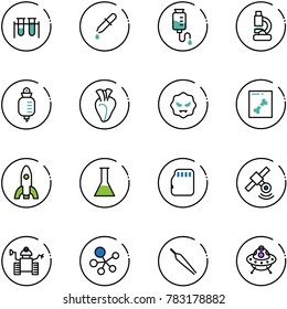 line vector icon set - vial vector, pipette, drop counter, lab, heart, virus, x ray, rocket, flask, micro flash card, satellite, robot, molecule, forceps, ufo toy
