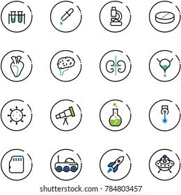 line vector icon set - vial vector, pipette, lab, pill, heart, brain, kidneys, bladder, virus, telescope, round flask, laser, micro flash card, moon rover, rocket, ufo toy