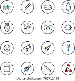 line vector icon set - vial vector, pipette, pill, drop counter, heart, brain, kidneys, virus, telescope, rocket, laser, micro flash card, forceps