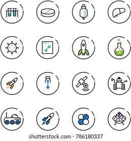 line vector icon set - vial vector, pill, drop counter, liver, virus, x ray, rocket, round flask, laser, satellite, robot, moon rover, atom core, ufo toy