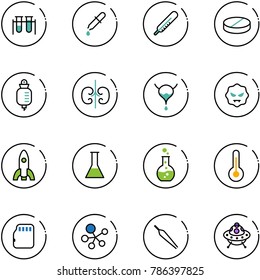 line vector icon set - vial vector, pipette, thermometer, pill, drop counter, kidneys, bladder, virus, rocket, flask, round, micro flash card, molecule, forceps, ufo toy