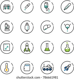 line vector icon set - vial vector, pipette, drop counter, thermometer, lab, liver, bladder, x ray, rocket, flask, round, micro flash card, moon rover