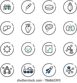 line vector icon set - vial vector, pipette, pill, drop counter, liver, heart, brain, kidneys, virus, x ray, satellite, robot, moon rover, rocket, molecule