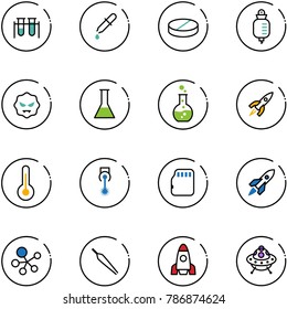 line vector icon set - vial vector, pipette, pill, drop counter, virus, flask, round, rocket, thermometer, laser, micro flash card, molecule, forceps, ufo toy
