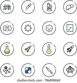 line vector icon set - vial vector, pipette, lab, liver, kidneys, virus, x ray, round flask, rocket, thermometer, molecule, atom core, forceps, ufo toy