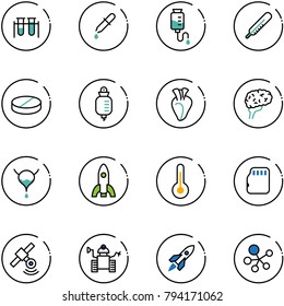 line vector icon set - vial vector, pipette, drop counter, thermometer, pill, heart, brain, bladder, rocket, micro flash card, satellite, robot, molecule