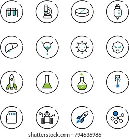line vector icon set - vial vector, lab, pill, drop counter, liver, bladder, virus, rocket, flask, round, laser, micro flash card, robot, molecule