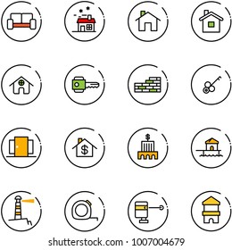 line vector icon set - vip waiting area vector, house, home, key, brick wall, doors, dollar, bank building, bungalow, lighthouse, measuring tape, laser lever, toy block
