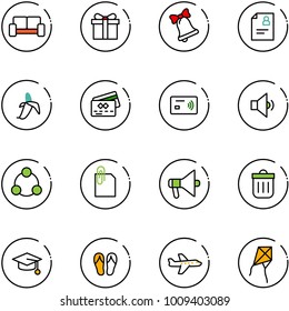 line vector icon set - vip waiting area vector, gift, bell, patient card, banana, credit, tap pay, low volume, social, attachment, loudspeaker, trash bin, graduate hat, flip flops, plane, kite