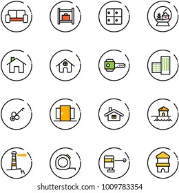 line vector icon set - vip waiting area vector, baggage room, snowball house, home, key, building, doors, bungalow, lighthouse, measuring tape, laser lever, toy block