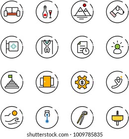 line vector icon set - vip waiting area vector, wine, mountains, dog, first aid room, pull ups, history, idea, pyramid flag, doors, money managemet, flying man, waves, laser, plumber, crown drill