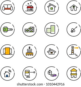 line vector icon set - vip waiting area vector, house, home, key, brick wall, building, doors, bank, lighthouse, wireless, laser lever, constructor blocks, toy block