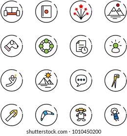 line vector icon set - vip waiting area vector, passport, firework, mountains, dog, friends, history, idea, flying man, pyramid, chat, plumber, tile drill, boomerang, doll