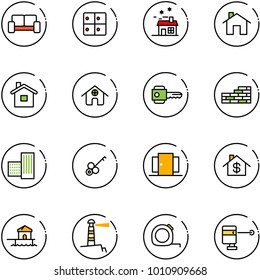 line vector icon set - vip waiting area vector, baggage room, house, home, key, brick wall, building, doors, dollar, bungalow, lighthouse, measuring tape, laser lever