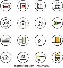 line vector icon set - vip waiting area vector, baggage room, house, snowball, home, key, brick wall, building, doors, dollar, bungalow, laser lever, toy block