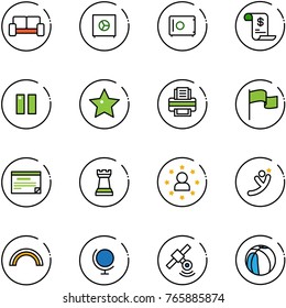line vector icon set - vip waiting area vector, safe, account history, pause, star, printer, flag, schedule, chess tower, man, flying, rainbow, globe, satellite, basketball