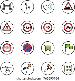 line vector icon set - vip zone vector, wine, heart beat, steep descent road sign, slippery, limited width, speed limit 40, no bike, customs, parking, flag, opening, beach, toy hammer, cube hole