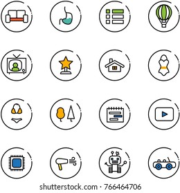line vector icon set - vip waiting area vector, stomach, menu, air balloon, tv news, award, home, swimsuit, forest, terms plan, playback, cpu, dryer, robot, toy car