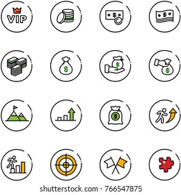 line vector icon set - vip vector, coin, cash, big, money bag, investment, encashment, attainment, growth arrow, career, target, flags cross, puzzle