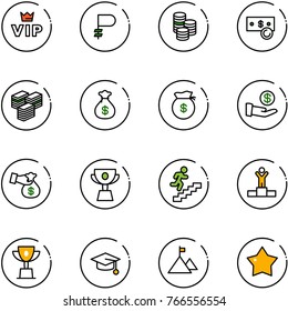 line vector icon set - vip vector, ruble, coin, cash, big, money bag, investment, encashment, cup, career, winner, win, graduate hat, mountain, star medal