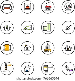 line vector icon set - vip waiting area vector, baggage room, house, snowball, home, brick wall, building, key, doors, dollar, bank, lighthouse, wireless, laser lever, constructor blocks