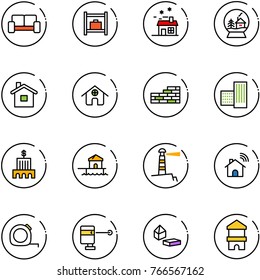 line vector icon set - vip waiting area vector, baggage room, house, snowball, home, brick wall, building, bank, bungalow, lighthouse, wireless, measuring tape, laser lever, constructor blocks